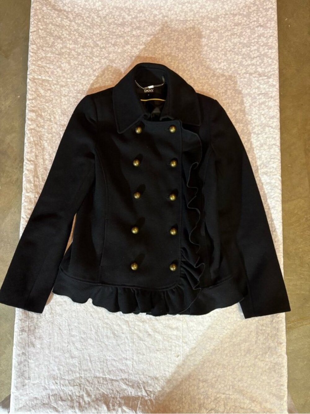 DKNY Black Double-Breasted Ruffle Peacoat with Gold Buttons - 4